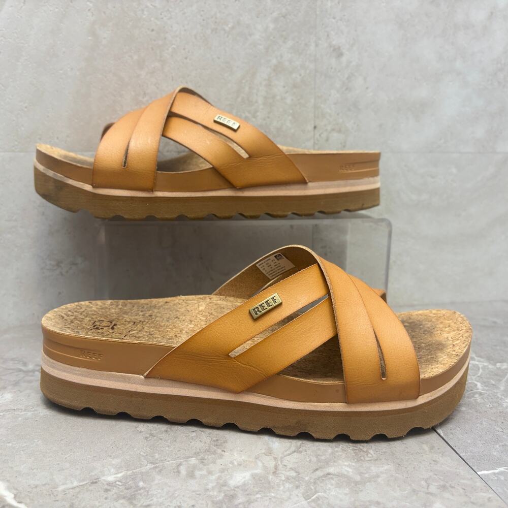 Reef Cushion Bloom Hi Sandals Tan Brown Leather Platform Slip On Sandal 9M